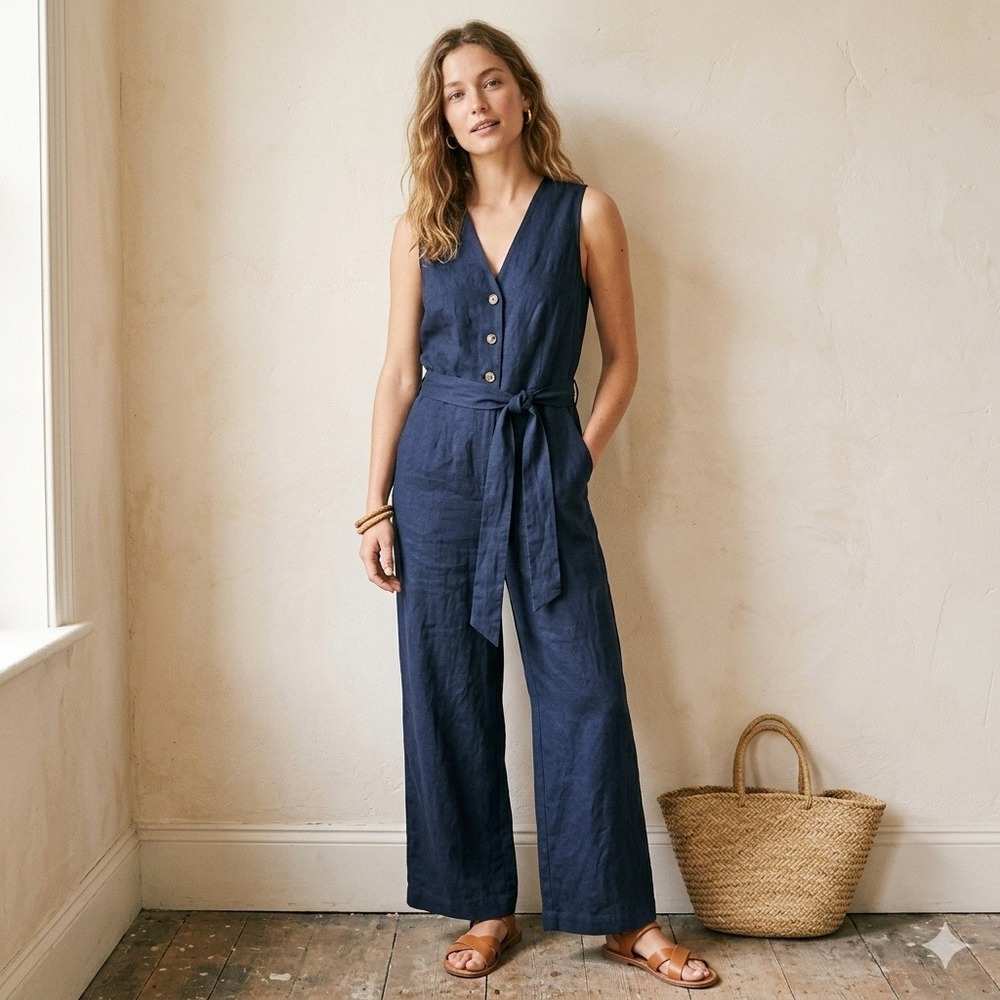 Boden Navy Blue Sleeveless Linen Jumpsuit with Tie Waist